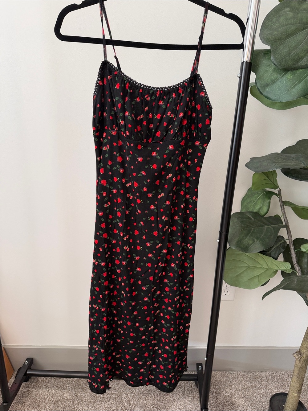 Princess Polly Black Slip Midi Dress with Red Floral Print